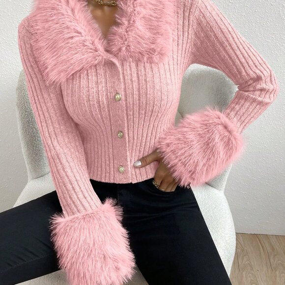 Pink Women's Casual Minimalist Patchwork Faux Fur & Pearl Button Cardigan - Picture 6 of 8